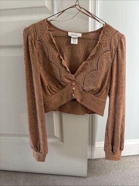URBAN Romantics Brown Eyelet Lace Cropped Button-Front Blouse